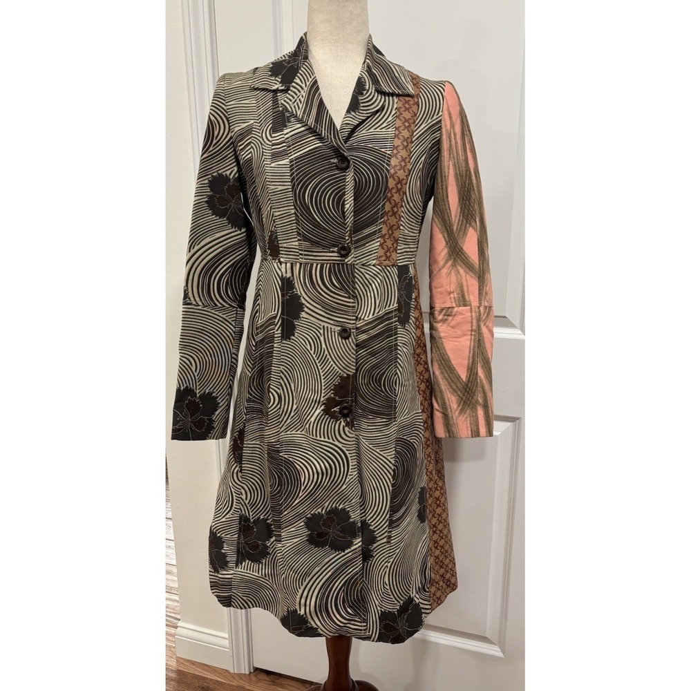 Custo Barcelona Multicolored Graphic Print Trench Coat Leather Panel SZ 4